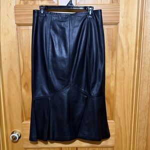Genuine Leather Black Midi Skirt Paneled Flared Hem High Waist Skirt, Size 8.